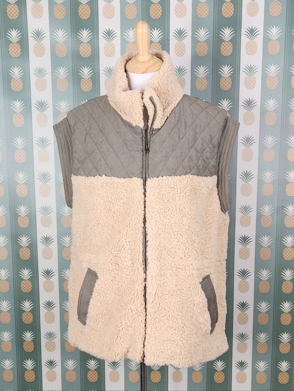 Heartloom Cream Sherpa Vest with Gray Quilted Yoke
